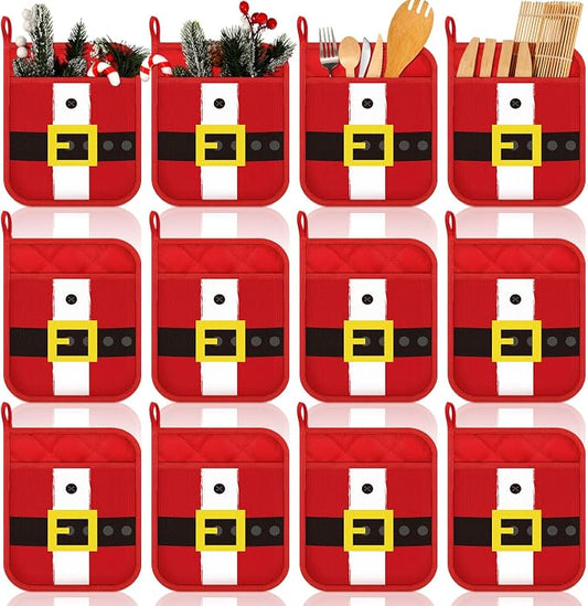 Roshtia 12 Pcs Christmas Pot Holders with Pocket Xmas Santa Pot Holders for Kitchen Winter Hot Pads Oven Mitts Cookie Bag Cute Heat Resistant Oven Gloves for Kitchen Gift Baking Cooking