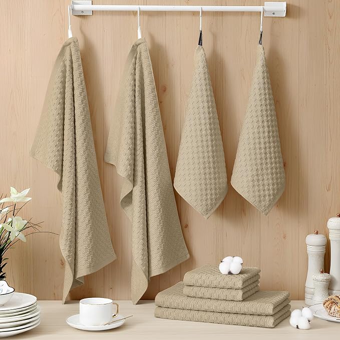 Homaxy 100% Cotton Kitchen Towels and Dishcloths Set, 12 x 12 & 15 x 25 Inches, Set of 16 Bulk Terry Cloth Dish Towels, Super Soft and Absorbent Hand Towel with Hanging Loop, Tan