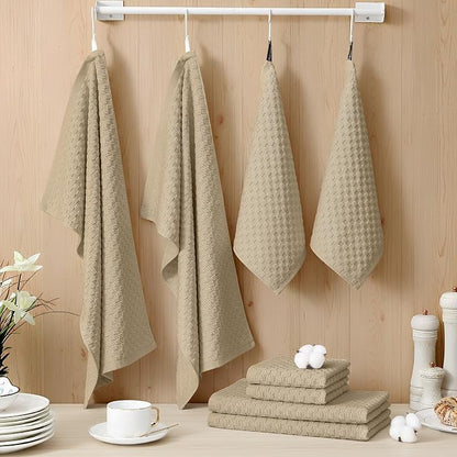 Homaxy 100% Cotton Kitchen Towels and Dishcloths Set, 12 x 12 & 15 x 25 Inches, Set of 10 Bulk Terry Cloth Dish Towels, Super Soft and Absorbent Hand Towel with Hanging Loop, Tan