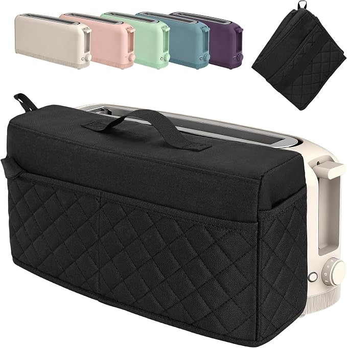 CROTIRAD Cute Slim Toaster Dust Cover Compatible with Bella 2 slice slim toaster, Hanging Thin Bread Maker Cover for Bella with Pockets and Elastic Band, Quilted Black