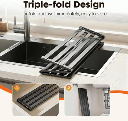 Foldable Over Sink Dish Drying Rack, Extra Wide & Thick Rust-Proof Aluminum Sink Cover for Counter Space, Collapsible Dish Drying Rack Fits Most Kitchen Sinks (Black, 23.6“x13.6)