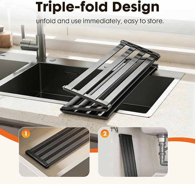 Foldable Over Sink Dish Drying Rack, Extra Wide & Thick Rust-Proof Aluminum Sink Cover for Counter Space, Collapsible Dish Drying Rack Fits Most Kitchen Sinks (Black, 17.7“x13.6)