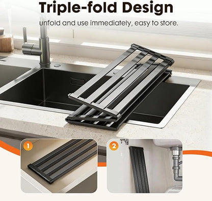 Foldable Over Sink Dish Drying Rack, Extra Wide & Thick Rust-Proof Aluminum Sink Cover for Counter Space, Collapsible Dish Drying Rack Fits Most Kitchen Sinks (Black, 13.8“x13.6)