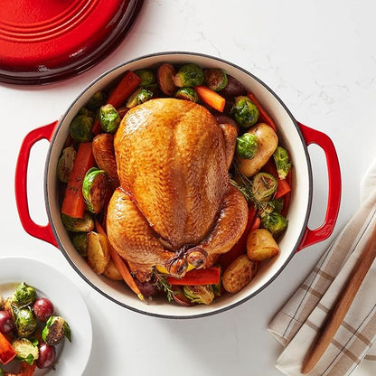 Amazon Basics Enameled Cast Iron Dutch Oven Pot with Lid, Round, Dual Handles, Heavy-Duty, Oven Safe for Stews, Roasting, Baking, 7.3-Quart, Red