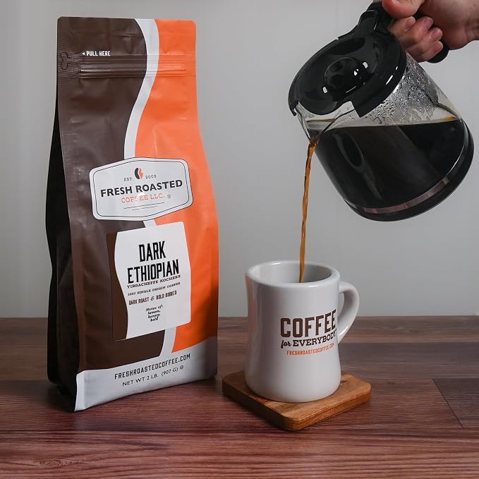 Fresh Roasted Coffee, Dark Ethiopian Yirgacheffe Kochere, 2 lb (32 oz), Dark Roast, Ground