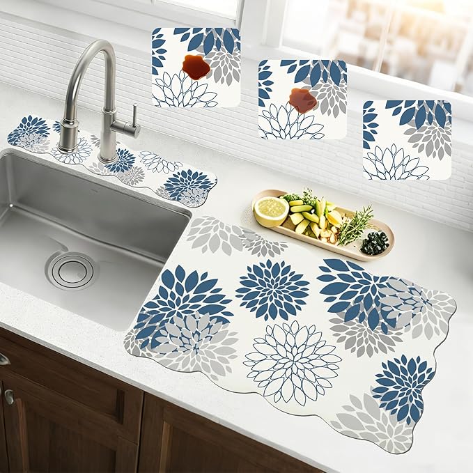 Baccessor 2PCS Dahlia Pinnata Flower Scalloped Dish Drying Mat and Sink Splash Guard,Super Absorbent Cuttable Kitchen Counter Mat Rubber Backing Drying Kitchen Mat Kitchen Accessories 16"x24"+21"x5.5"