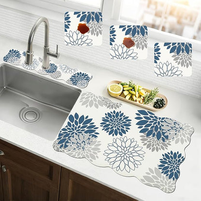 Baccessor 2PCS Dahlia Pinnata Flower Scalloped Dish Drying Mat and Sink Splash Guard,Super Absorbent Cuttable Kitchen Counter Mat Rubber Backing Drying Kitchen Mat Kitchen Accessories 16"x24"+21"x5.5"