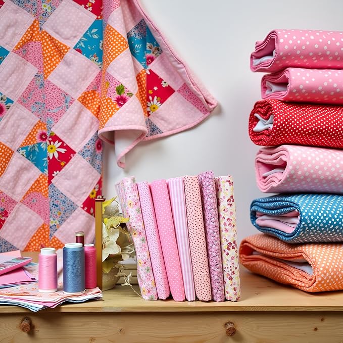 7Pcs Square Shape, Flower, Striped, Polka Dot Cotton Fabric for Sewing, 25x25cm Cotton Flower Polka Dot Bundle DIY Patchwork Quilt Cloth,Craft and Hobby Fabric (Pink)