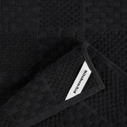 KitchenAid Quilted Cotton Terry Cloth Oven Mitt, Pot Holder, Kitchen Towel 4-Pack Set, Heat Resistant, Silicone Grip, Gift Set, Matte Black, 16"x26", 7"x13" & 7"x10"