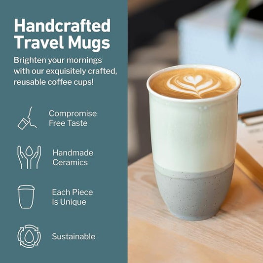 NOVA CERAMICS Travel Mug – Coffee Travel Mug – Reusable Coffee Cup Unique to Go Mug – Microwave & Dishwasher Safe Coffee White Tumbler - Gifts for Women Men Him Her – 12oz – Sea Mist