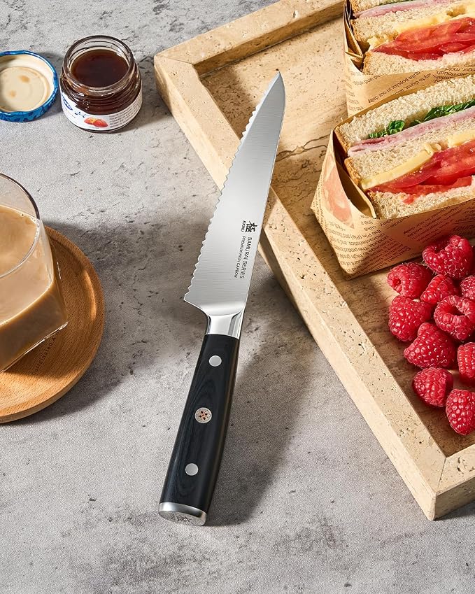 KYOKU 5.5 in. Serrated Utility Knife, Samurai Series Japanese Utility Chef Knife with Pakkawood Handle, German 1.4116 Stainless Steel Full Tang Sandwich Tomato Knife with Protective Sheath & Gift Box
