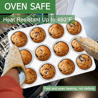 Herogo 12-Cup Stainless Steel Muffin Pan Tin for Baking, Metal Cupcake Tray Set for Making Egg Muffin Quiches, Mini Brownie, Easy to Clean & Quick Release, Oven & Dishwasher Safe