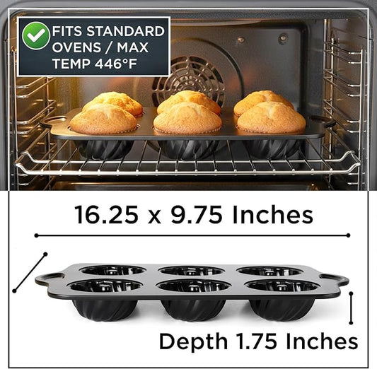Wrenbury Swirl Buntz Pan for Baking Mini Non-Stick - 6 Cup Fluted Cake Tin | for Small Cakes - PFOA Free and Dishwasher Safe - 3.75” Cup Width