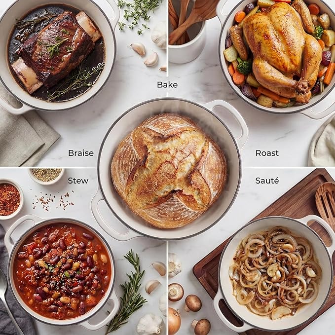 Zulay Kitchen 6.4QT Enameled Cast Iron Dutch Oven Pot with Lid, Heavy-Duty Soup Pot for Stews, Braising, Roasting & Sourdough Bread Baking, Oven Safe up to 500°F - White