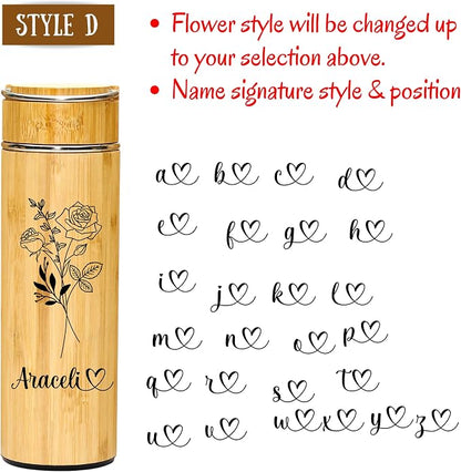 Bamboo Tumbler Customized Name Birth Month Flower Tea Infuser Bottle for Loose Tea Leaves Gift for Mom Personalized (Style D)
