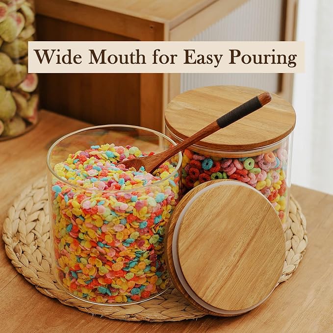 Labina Glass Storage Container Airtight Food Jars Kitchen Canister with Wood Lids, 71 Oz Wide Mouth Pantry Organization Glass Jar for Flour, Sugar, Cookie, Spagetti, Nuts and Candy (2 Pack)