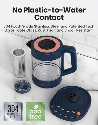 Viante Alba Electric Tea Kettle with Infuser, No Plastic In Contact With Water, 1.5L Borosilicate Glass, 304 Stainless Steel, 4 Temp Presets, Keep Warm, Cordless, Auto Shut-Off, Midnight Blue