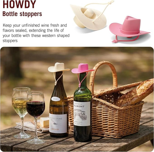 Monkey Business Howdy - 2-Pack Cowboy Hat Wine Stoppers – Fun Silicone Bottle Stoppers Keep Wine Fresh – Novelty Kitchen Gadgets & Cute Wine Accessories (Pink & White)