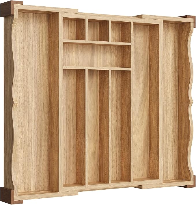 Orimade Oak Expandable Silverware Drawer Organizer, Adjustable Kitchen Utensil Holder & Cutlery Tray Drawer Dividers for Flatware (10 Slot), Large