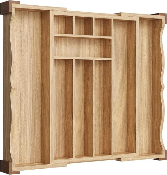 Orimade Oak Expandable Silverware Drawer Organizer, Adjustable Kitchen Utensil Holder & Cutlery Tray Drawer Dividers for Flatware (10 Slot), Large