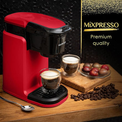 Mixpresso Red Single Serve Coffee Maker for K Capsule, Compact Mini Coffee Maker 800 Watt Coffee Machine for Pods or Ground, Fast Brew, Auto Shut Off, 12 Oz Brew Size for Travel, Office, RV and Dorm