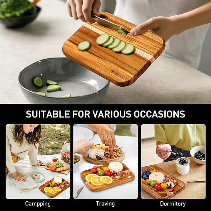 2 Pack Small Teak Wood Cutting Board for Kitchen 8.6" x 6" Mini Wooden Charcuterie Boards Lightweight Chopping Board Non Toxic Serving Board Tiny Chef Set Camping Fruit Lemon Sandwich Cheese Board