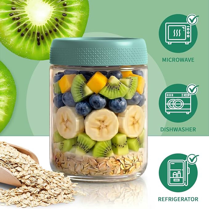 Overnight Oats Containers with Lids, Glass Storage Containers with Lids, Wide Mouth Mason Jars 16oz, Sugar Bowls, Airtight Glass jars for Chia Pudding, Yogurt, Salad Storage (6 Pack, Green)