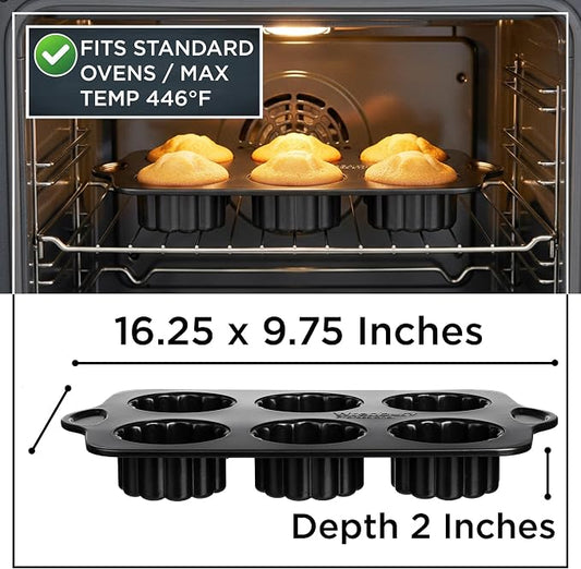 Wrenbury Mini Fluted Cake Pan 6 Cup Nonstick - Small Brownie Bowl Tin | for Individual Cakes, Shortbread & Cornbread - PFOA Free Carbon Steel Mold with Recipe Book