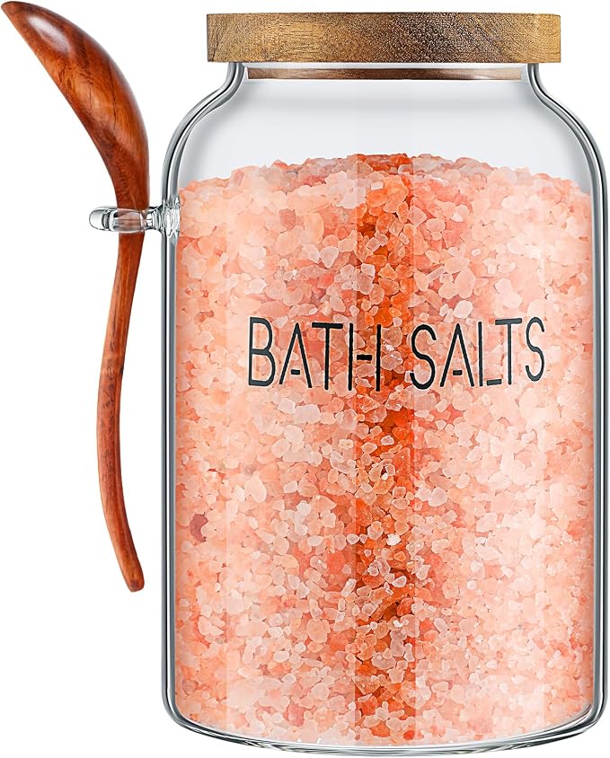 SiliFine 2 Pcs 94 oz Bath Salts Glass Jar with Wooden Lid, Bath Salt Container with Scoop, Airtight Storage Bathtub Accessories for Women