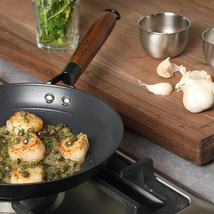 Babish 9.5 Inch Cast Iron Skillet with Wooden Handle, Pre-Seasoned Nonstick Pan with Honeycomb Textured Cooking Surface, Induction Oven Safe Skillet for Searing, Frying Eggs, Steak and Stir Fry