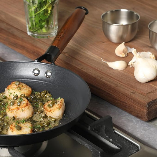 Babish 9.5 Inch Cast Iron Skillet with Wooden Handle, Pre-Seasoned Nonstick Pan with Honeycomb Textured Cooking Surface, Induction Oven Safe Skillet for Searing, Frying Eggs, Steak and Stir Fry