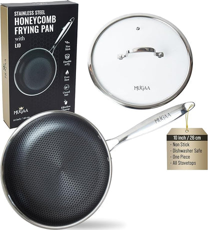 10 Inch Stainless Steel Frying Pan - Hybrid Nonstick Honeycomb Skillet with Lid - Induction Compatible - Dishwasher Safe - Oven Safe