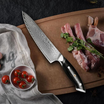 8 Inch Chef Knife, Japanese-Style VG10 Damascus Kitchen Knife, 67-Layer Forged Blade with Black Wood Handle, Razor Sharp Cooking Knife for Meat, Vegetables & Fruit