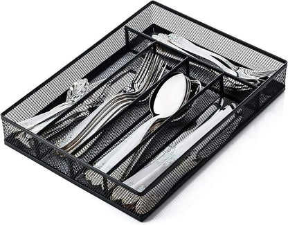 Sedegn Silverware Organizer Metal Mesh, Small Drawer Organizer, Utensil Cutlery Tray for kitchen drawers, Flatware Organizer with 5 Compartment, Black(9.3"*12.6")