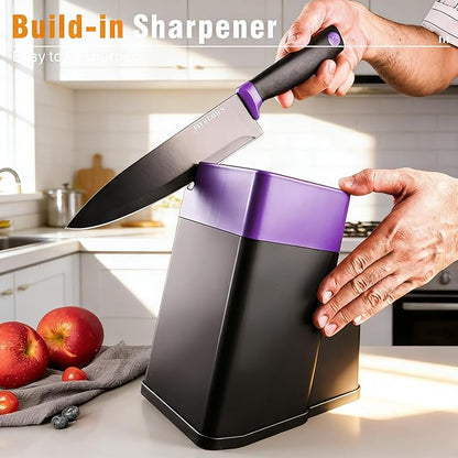 14 Pcs Kitchen Knife Block Set with Sharpener German High Carbon Stainless Steel Chef Knives, Razor-Sharp & Durable, Lightweight Anti-Slip Handle, Professional Set for Home & Kitchen (Purple)