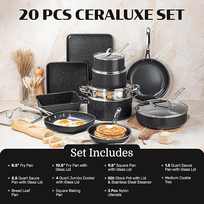 20 Piece Pots and Pans Set Nonstick - Granitestone Ceramic Cookware Set, Diamond Reinforced, Non Toxic PFOA PFOS PFAS Free, Bakeware Steamer & Utensils, Oven Safe to 500°F, Dishwasher Safe, Black