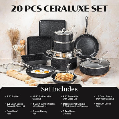 20 Piece Pots and Pans Set Nonstick - Granitestone Ceramic Cookware Set, Diamond Reinforced, Non Toxic PFOA PFOS PFAS Free, Bakeware Steamer & Utensils, Oven Safe to 500°F, Dishwasher Safe, Black