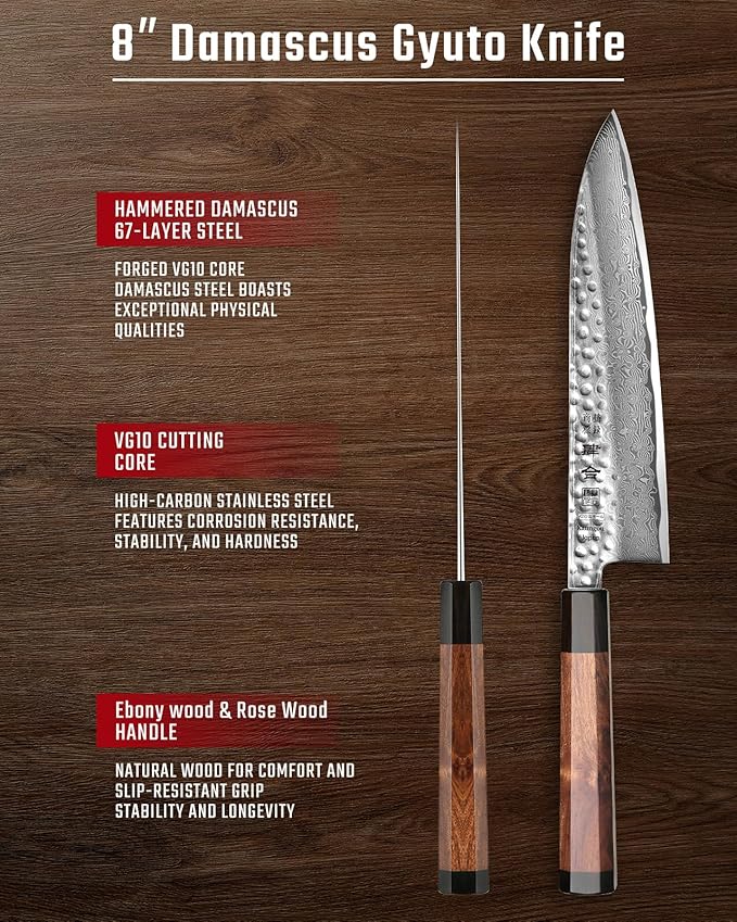 kanngou VG10 Damascus Chef Knife, 8.27 Inch Gyuto Knife with Rose Wood Handle and 67 Layers Damascus Steel, Japanese Kitchen Knife with Premium Gift Box
