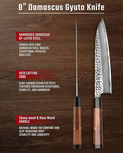 kanngou VG10 Damascus Chef Knife, 8.27 Inch Gyuto Knife with Rose Wood Handle and 67 Layers Damascus Steel, Japanese Kitchen Knife with Premium Gift Box