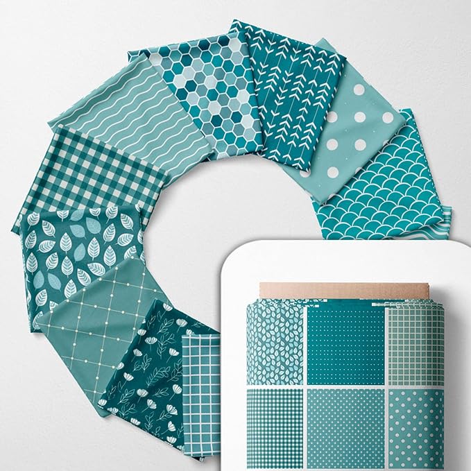 Cotton Satin Patchwork Fabric Panel – 35 Designs, 20×20 cm Squares, Single Piece 150×110 cm, Green Patchwork Quilt Fabric (Turquoise Waves Patchwork Set, 35pcs 8x8 inch)