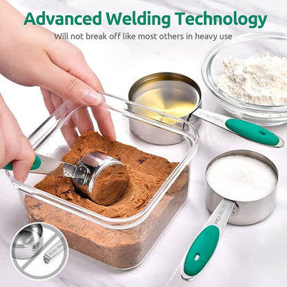 Measuring Cups and Spoons Set: U-Taste 18/8 Stainless Steel 10 Pieces Metal Stacking Kitchen Baking Cooking Food Measure Set 5 Cups 5 Spoons with Strengthened Weld Joints (Teal, Upgraded Version)