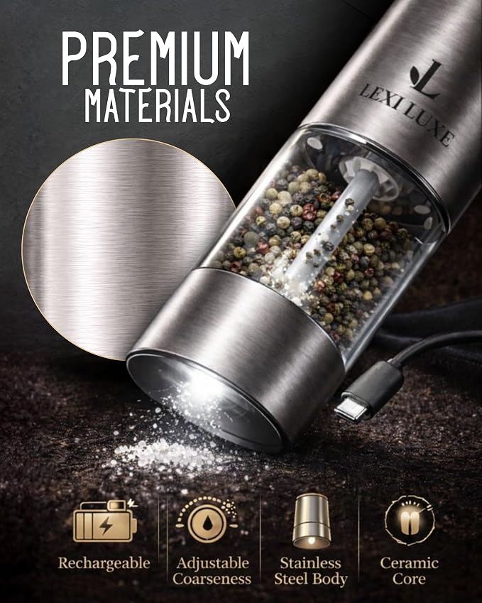 Electric Salt and Pepper Grinder Set, Rechargeable USB-C Automatic Grinder with Charging Base, LED Light, Adjustable Coarseness – Stainless Steel Pepper Mill Set (SILVER)