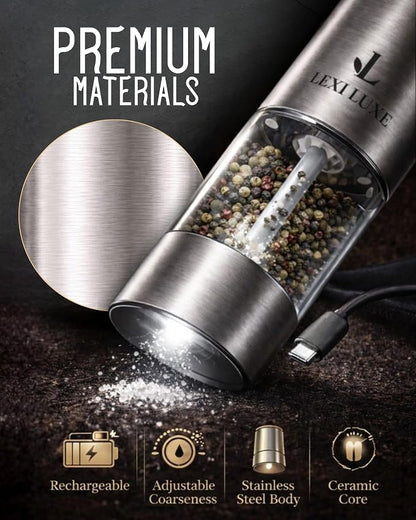 Electric Salt and Pepper Grinder Set, Rechargeable USB-C Automatic Grinder with Charging Base, LED Light, Adjustable Coarseness – Stainless Steel Pepper Mill Set (SILVER)