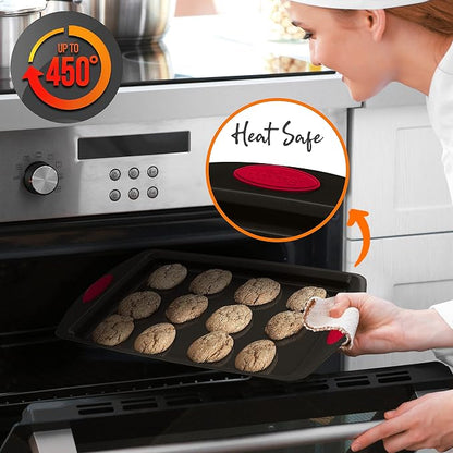 NutriChef 2-Piece Nonstick Baking Pan Set – Carbon Steel Cookie Sheet w/Red Silicone Grip Handles – Durable, Heavy-Duty Bakeware for Even Heat Distribution – Oven Safe, Easy Cleanup – Black
