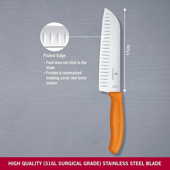 Victorinox 17 cm Fluted Blade Santoku Knife Blister Pack, Orange