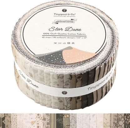 Tinyspool & Co.'s Twirlie Roll 40 Precut Quilting Fabric Strips for Quilting Supplies, Crafting, and Sewing, Soft Cotton Strip for Blanket, Rug, Upholstery, Home Decor, and Purse Making, Star Dune
