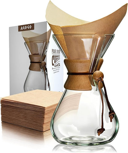 AGOGO Pour Over Coffee Maker Glass with 50pcs Paper Filters -for Home, Office, Camping, Cafes - Easy Clean Coffee Dripper Set (Soft Towel&Brush)(40oz Classic w/Paper Filters)