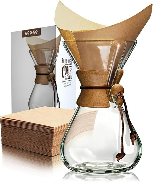 AGOGO Pour Over Coffee Maker Glass with 50pcs Paper Filters -for Home, Office, Camping, Cafes - Easy Clean Coffee Dripper Set (Soft Towel&Brush)(40oz Classic w/Paper Filters)