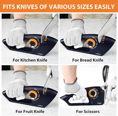 Longzon 6-in-1 Knife Sharpener 5 Stage with Cut-Resistant Glove, Manual Kitchen Tool for Straight & Serrated Knives, Quickly Sharpens Restores & Polishes Dull Blades Safe for Home Kitchen, Navy+Orange