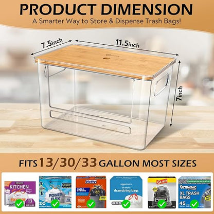 Stackable Trash Bag Dispenser with Wooden Top for Holding 13/30/33-Gallon Large Bag Sizes – Extra-Large Garbage Bag Holder with Anti-Slip Base, Trash Bag Dispenser Under Sink (11.5"x7.5"x7" inches)
